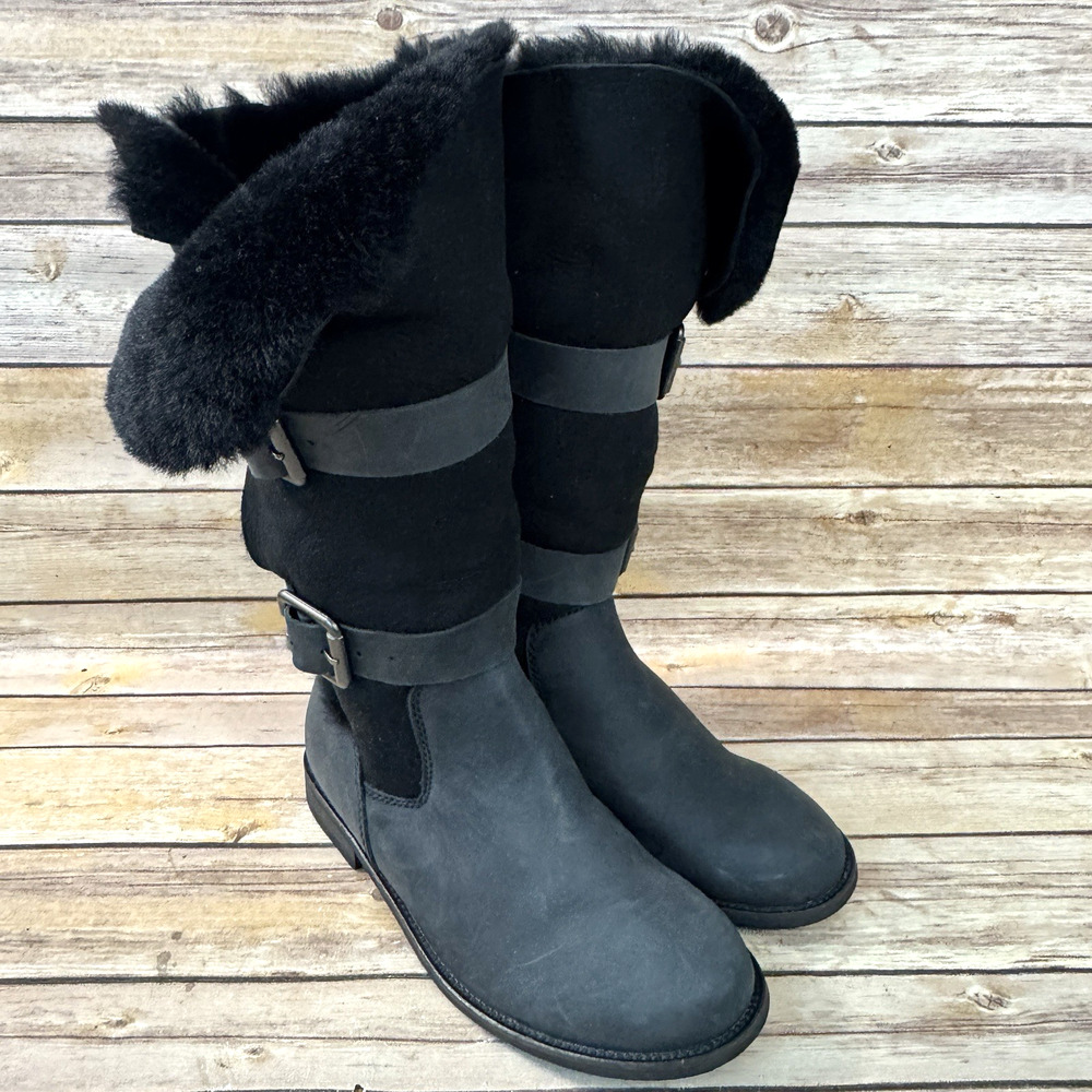 Emu Womens Black Leather Biker Boots with Shepskin Lining Size 7